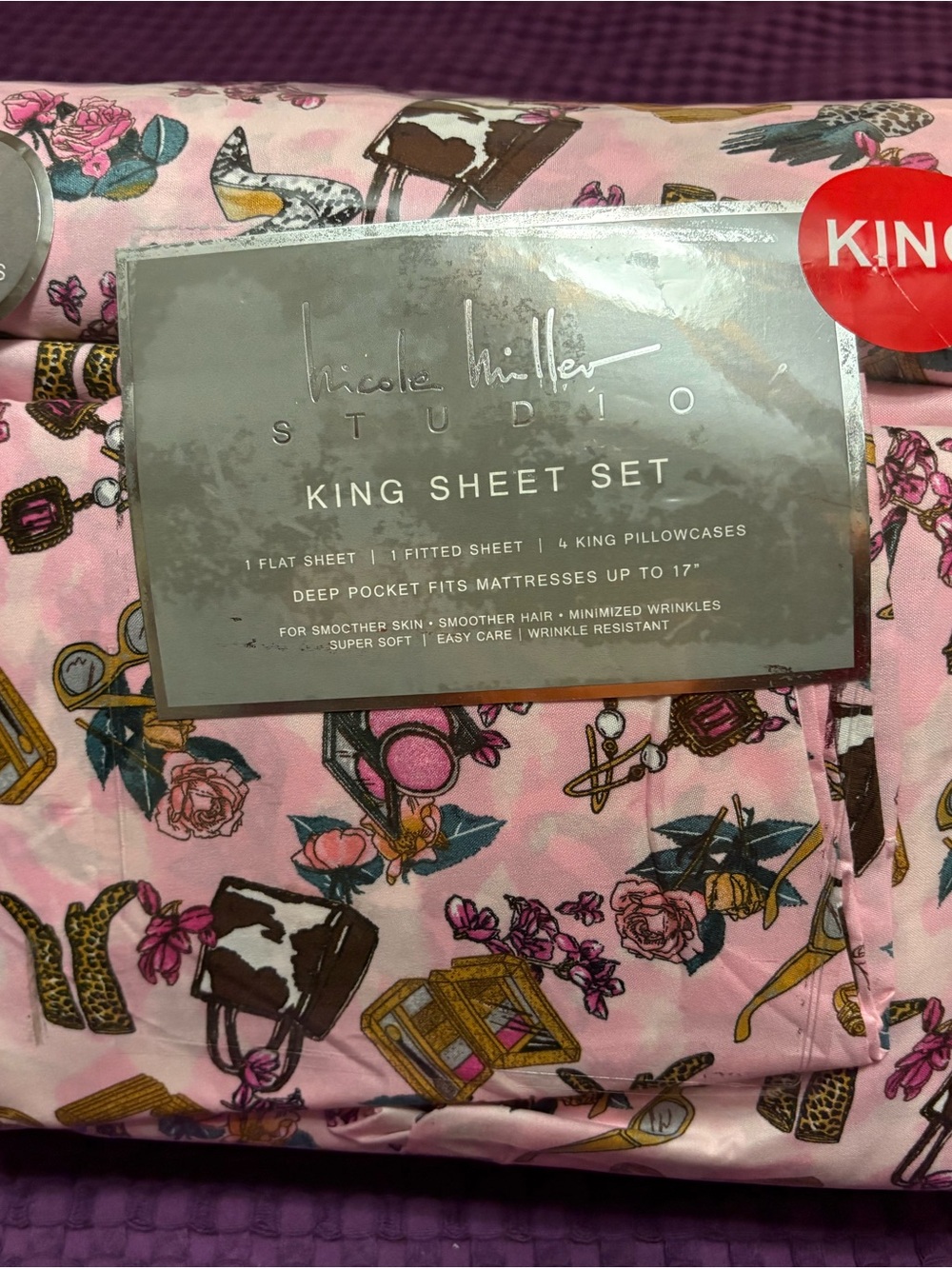 Nicole Miller Pink Fashion-Print King Sheet Set with Floral & Accessory Motif